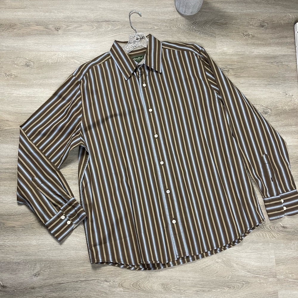 Eddie Bauer Brown, Tan & Blue Striped Button-Up 100% Cotton Men’s Shirt
